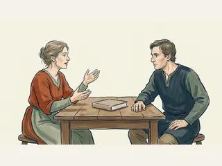 Dos personas conversan junto a un libro cerrado en una mesa de lectura histórica ficticia.