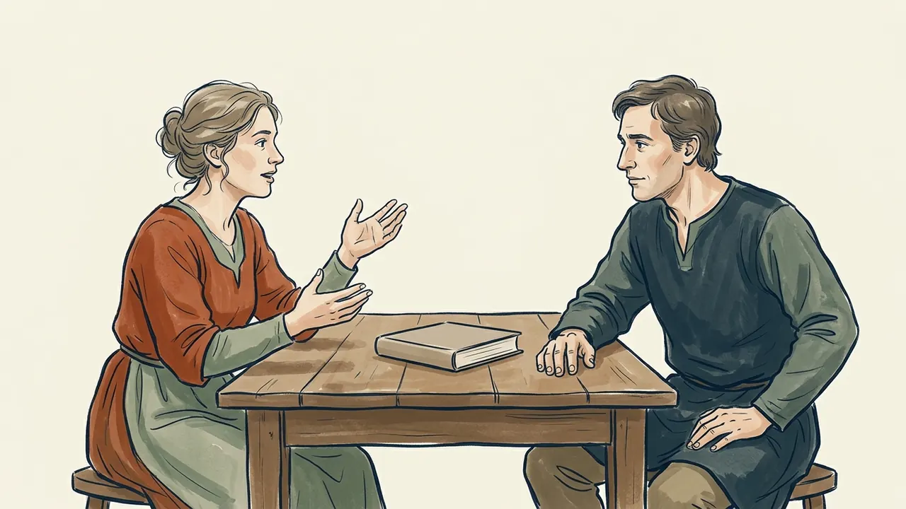 Dos personas conversan junto a un libro cerrado en una mesa de lectura histórica ficticia.