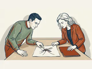 Dos personas observan una ilustración de un mosquito junto a una carpeta cerrada.