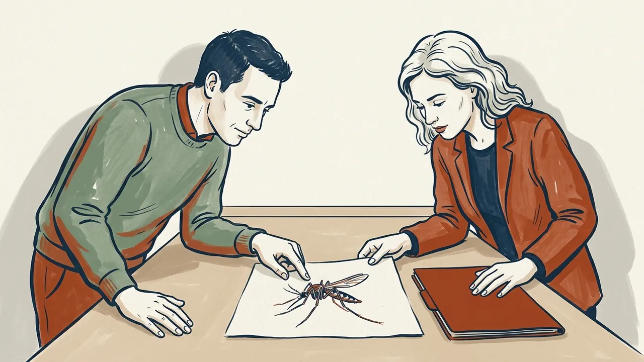 Dos personas observan una ilustración de un mosquito junto a una carpeta cerrada.