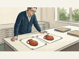 Una persona observa dos dibujos de jarras de barro en una mesa de archivo.