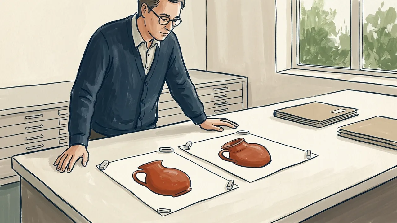 Una persona observa dos dibujos de jarras de barro en una mesa de archivo.