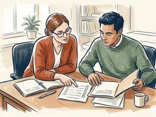 Dos personas revisan carpetas y una hoja con casillas vacías sobre una mesa.