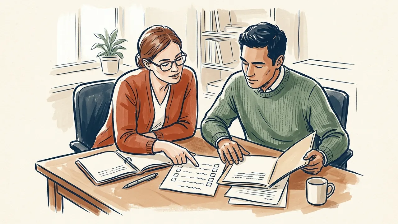 Dos personas revisan carpetas y una hoja con casillas vacías sobre una mesa.