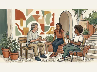 Tres personas adultas conversan en un patio con un mural geométrico de colores.