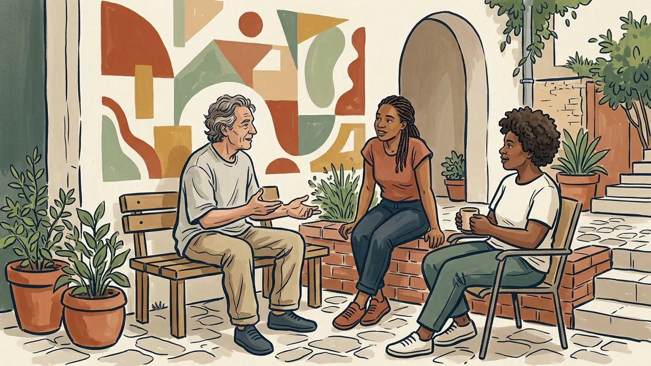 Tres personas adultas conversan en un patio con un mural geométrico de colores.