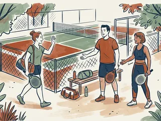 Tres personas se saludan antes de practicar deporte en una pista ficticia.