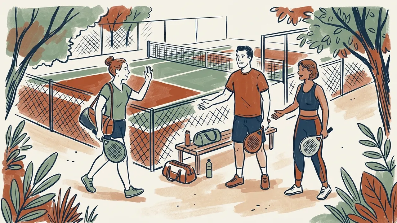 Tres personas se saludan antes de practicar deporte en una pista ficticia.