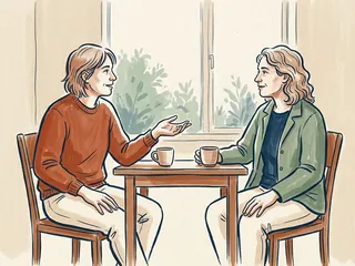 Dos personas conversan junto a una mesa con tazas en una sala comunitaria ficticia.