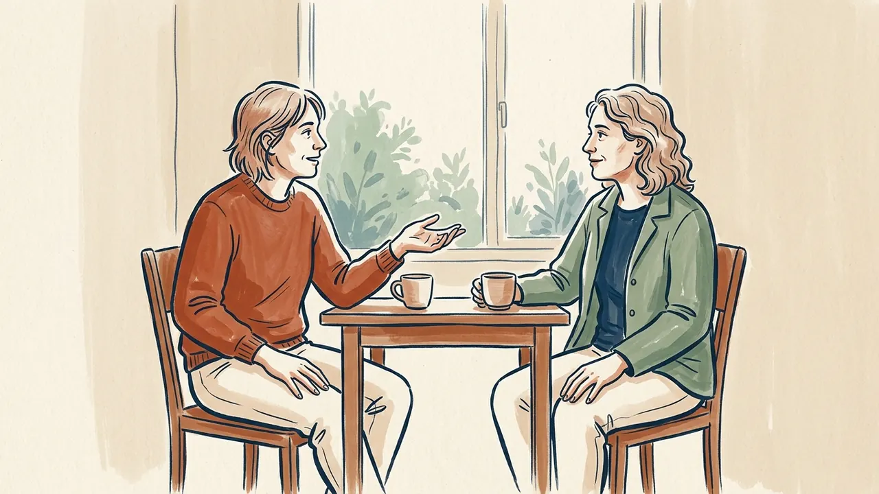 Dos personas conversan junto a una mesa con tazas en una sala comunitaria ficticia.