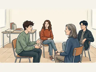 Tres adolescentes y una adulta conversan sentados en círculo en una sala escolar.