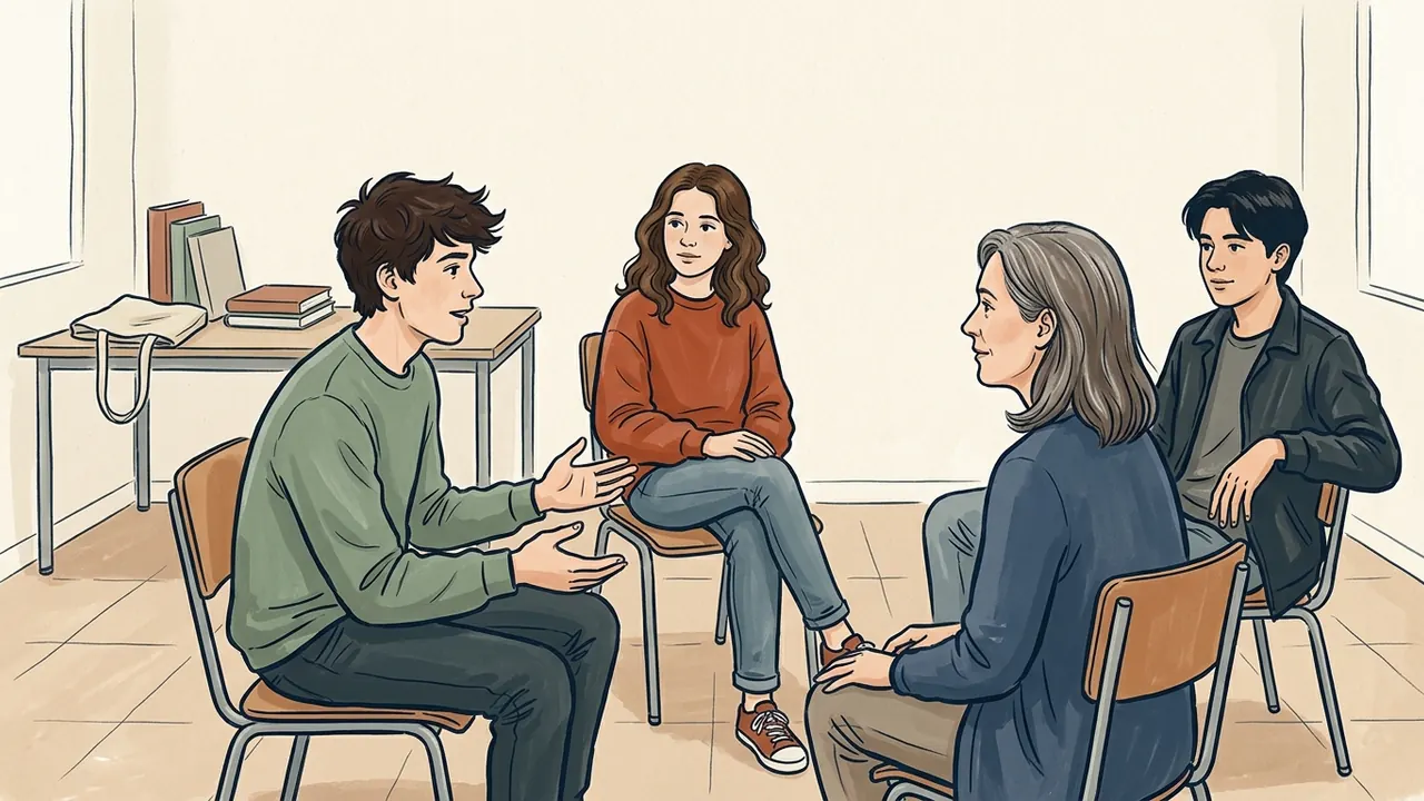 Tres adolescentes y una adulta conversan sentados en círculo en una sala escolar.