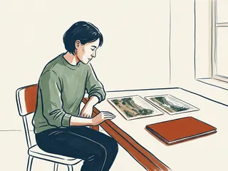Una persona observa dos ilustraciones de paisajes sobre una mesa, junto a una carpeta cerrada.