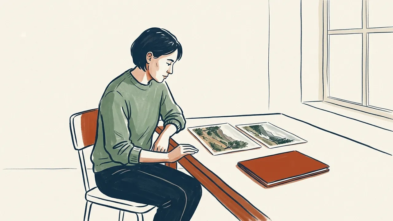 Una persona observa dos ilustraciones de paisajes sobre una mesa, junto a una carpeta cerrada.