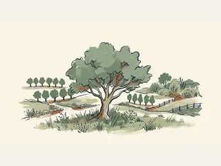 Árbol frondoso ante hileras de árboles uniformes y vegetación variada.