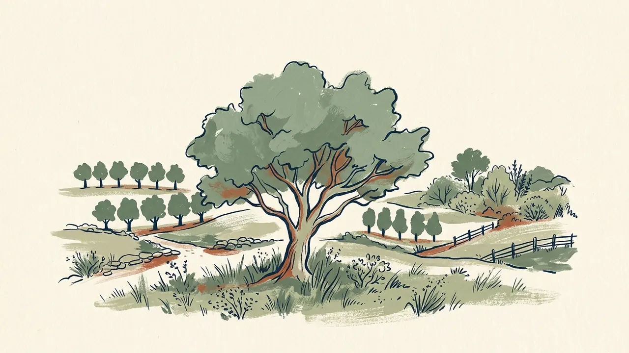 Árbol frondoso ante hileras de árboles uniformes y vegetación variada.