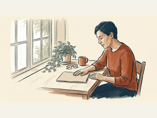 Una persona adulta revisa una carpeta cerrada junto a una ventana y una planta.