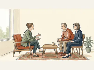 Tres personas adultas conversan sentadas al mismo nivel en una sala luminosa, junto a una mesa baja.
