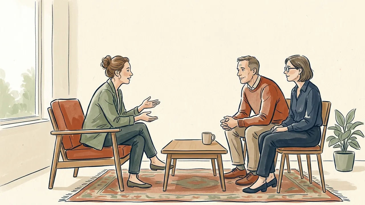 Tres personas adultas conversan sentadas al mismo nivel en una sala luminosa, junto a una mesa baja.