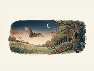 Murciélago volando al anochecer sobre un prado junto a un bosque.