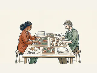 Dos personas ordenan recortes y piezas geométricas en bandejas sobre una mesa.