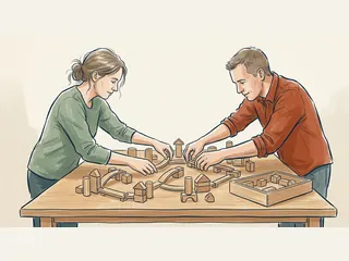 Dos personas organizan piezas de madera con edificios y conexiones imaginarias sobre una mesa.