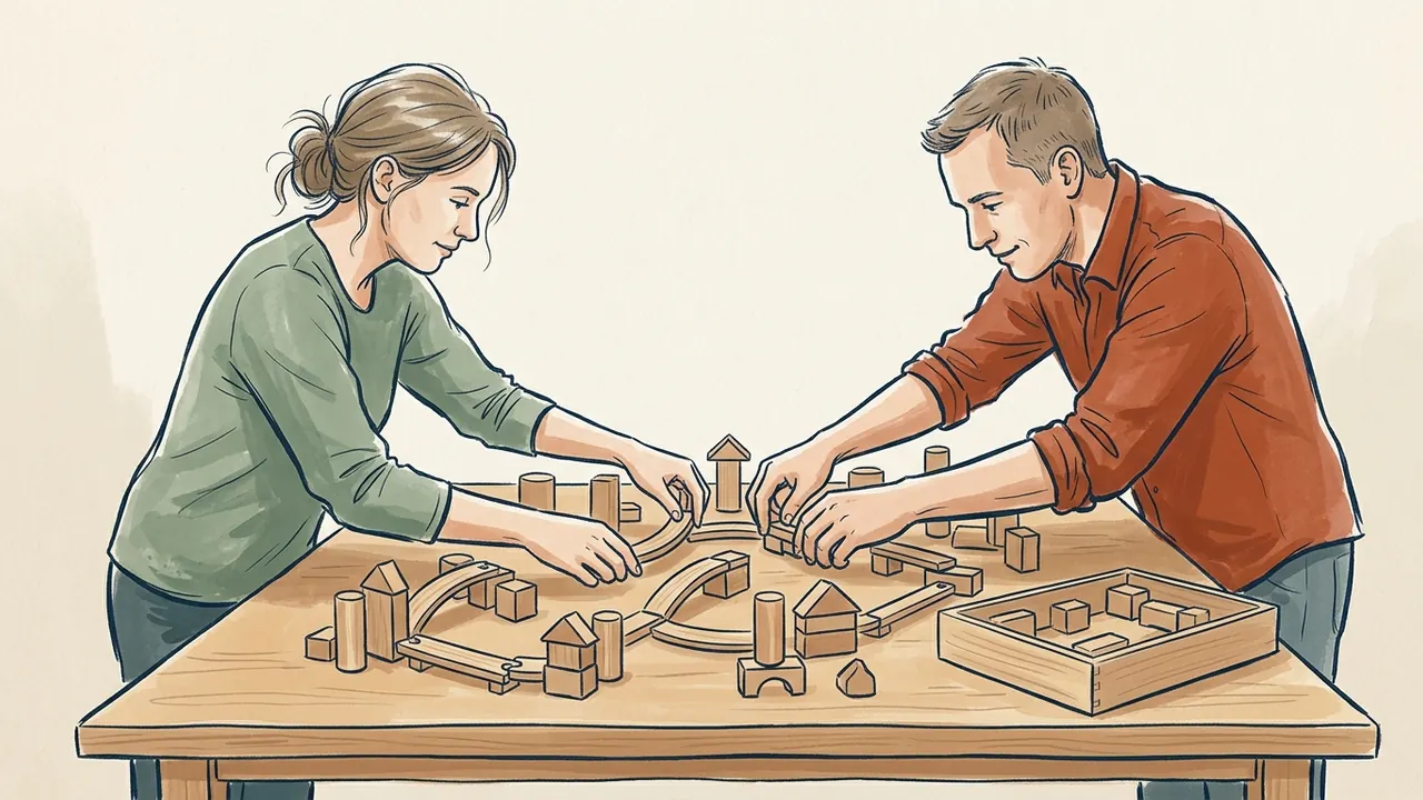 Dos personas organizan piezas de madera con edificios y conexiones imaginarias sobre una mesa.