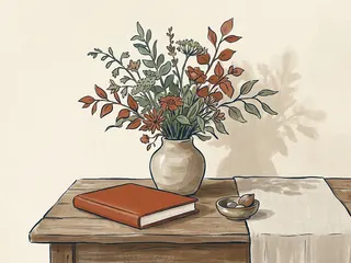 Un jarrón con flores, un libro cerrado y un cuenco decorativo sobre una mesa.
