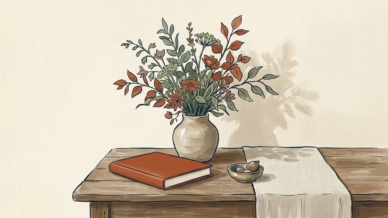 Un jarrón con flores, un libro cerrado y un cuenco decorativo sobre una mesa.