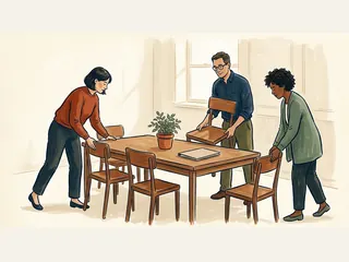 Tres personas adultas colocan sillas alrededor de una mesa con una planta y una carpeta cerrada.