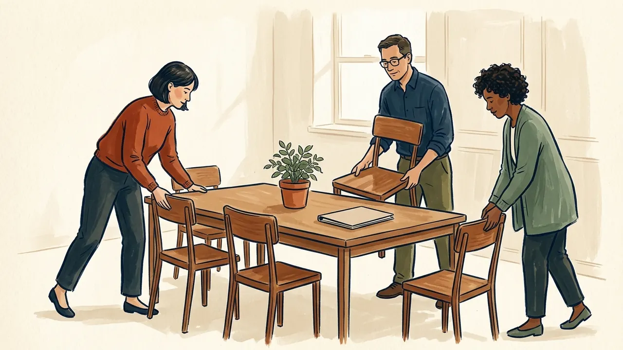 Tres personas adultas colocan sillas alrededor de una mesa con una planta y una carpeta cerrada.