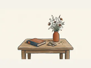 Flores, piedras lisas y un libro cerrado sobre una mesa de recuerdo.