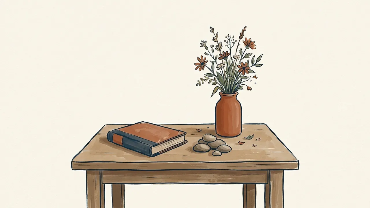 Flores, piedras lisas y un libro cerrado sobre una mesa de recuerdo.