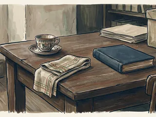 Una taza decorada, una tela doblada y un libro cerrado sobre una mesa de archivo ficticia.