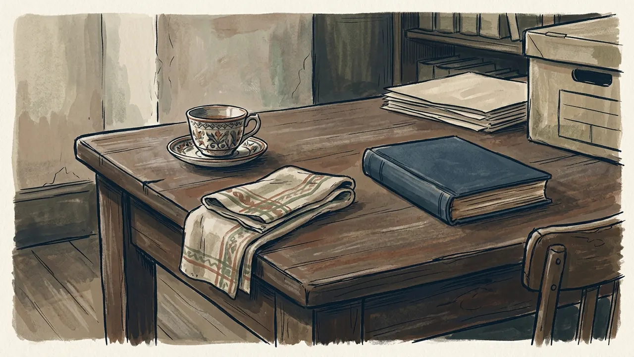 Una taza decorada, una tela doblada y un libro cerrado sobre una mesa de archivo ficticia.