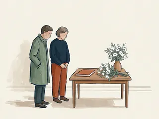 Dos personas contemplan una mesa con un libro cerrado y flores blancas en una escena ficticia de memoria.