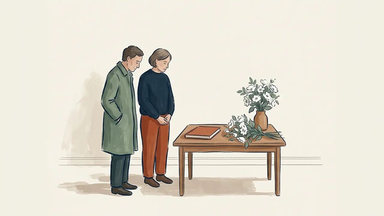 Dos personas contemplan una mesa con un libro cerrado y flores blancas en una escena ficticia de memoria.