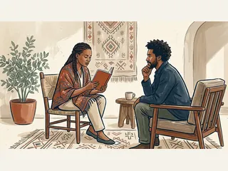 Una adulta lee un libro de cubierta lisa mientras otro adulto escucha.