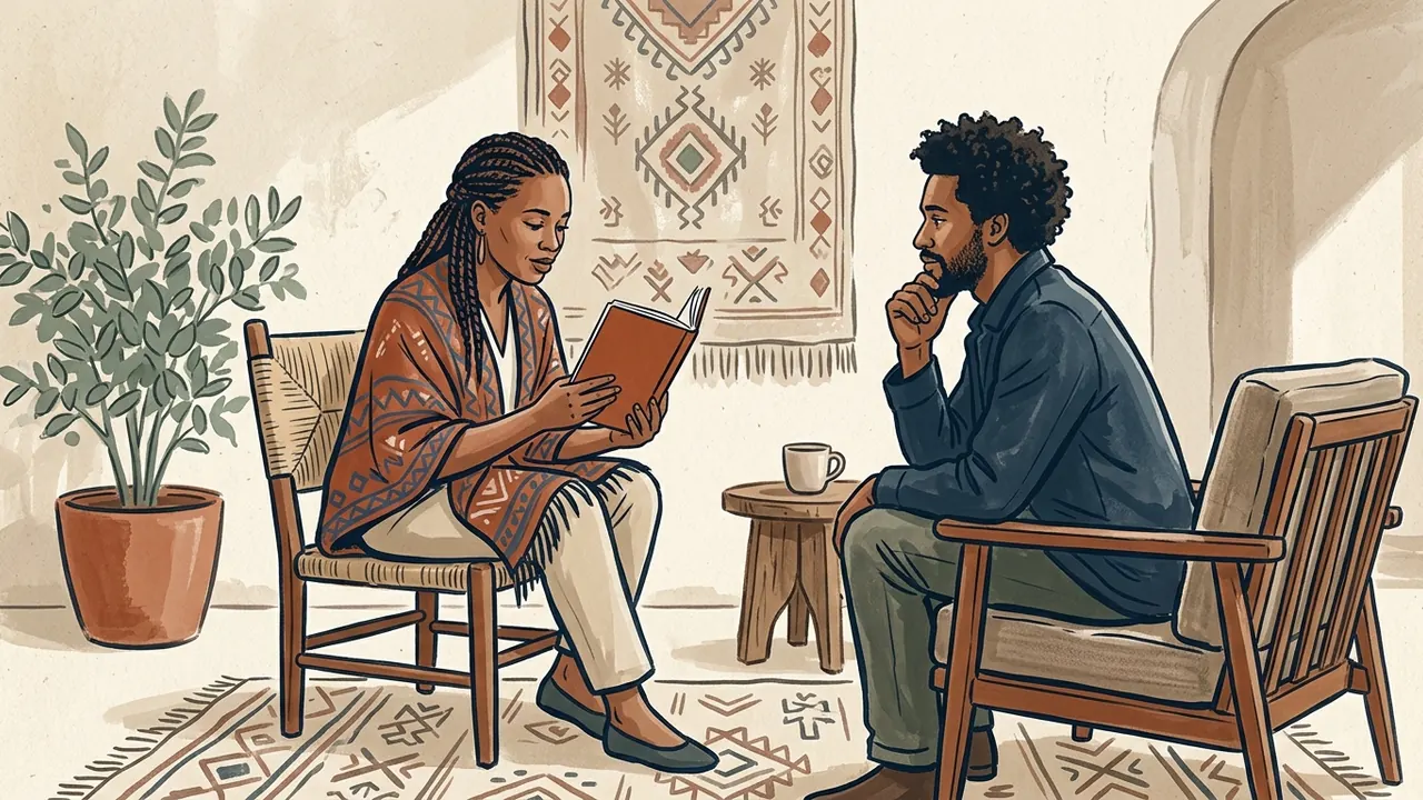Una adulta lee un libro de cubierta lisa mientras otro adulto escucha.