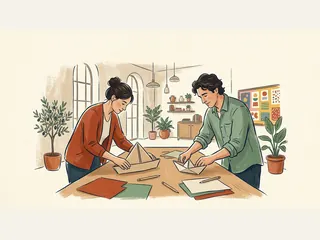 Dos adultos elaboran barcos de papel en una mesa de manualidades.