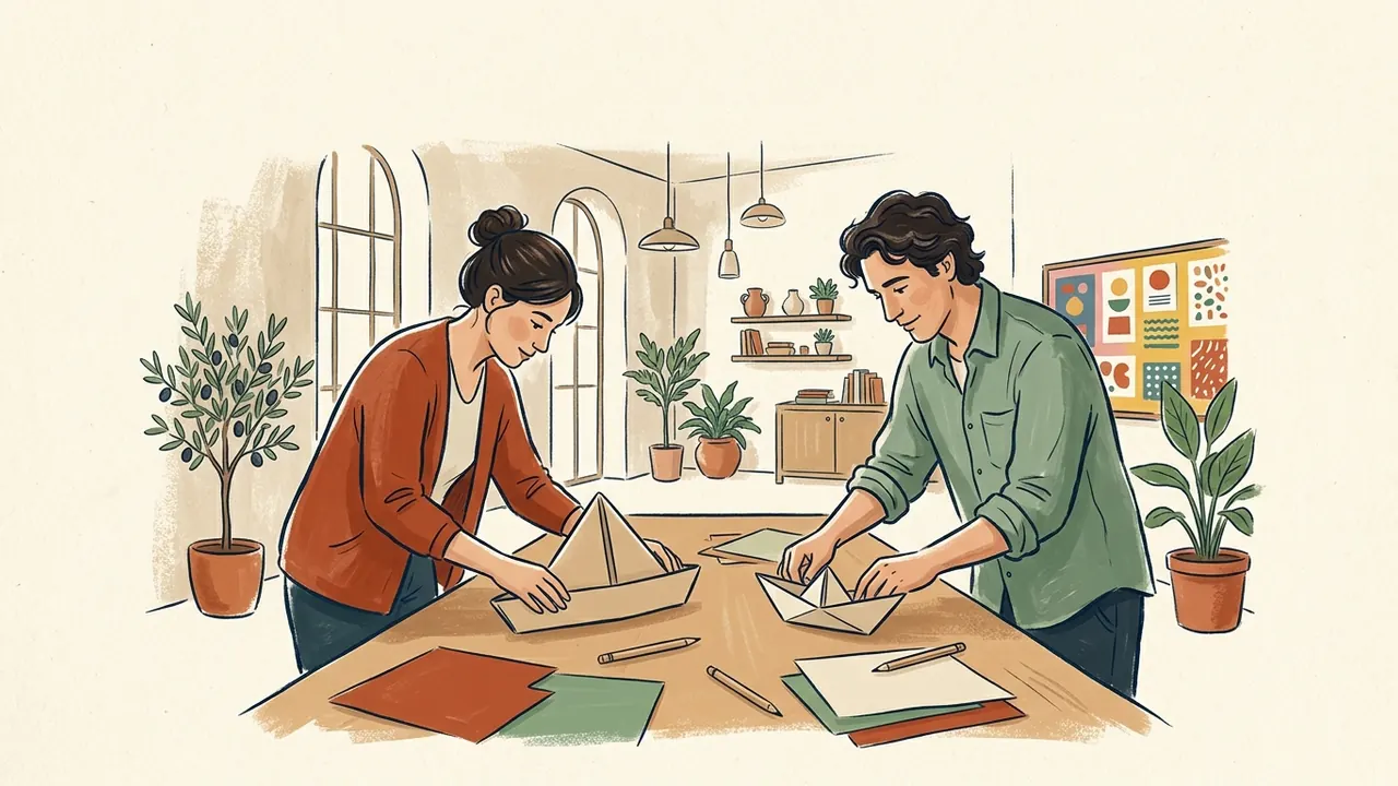 Dos adultos elaboran barcos de papel en una mesa de manualidades.