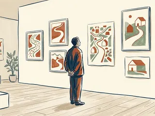 Una persona observa dibujos abstractos de caminos y hogares en una exposición ficticia.