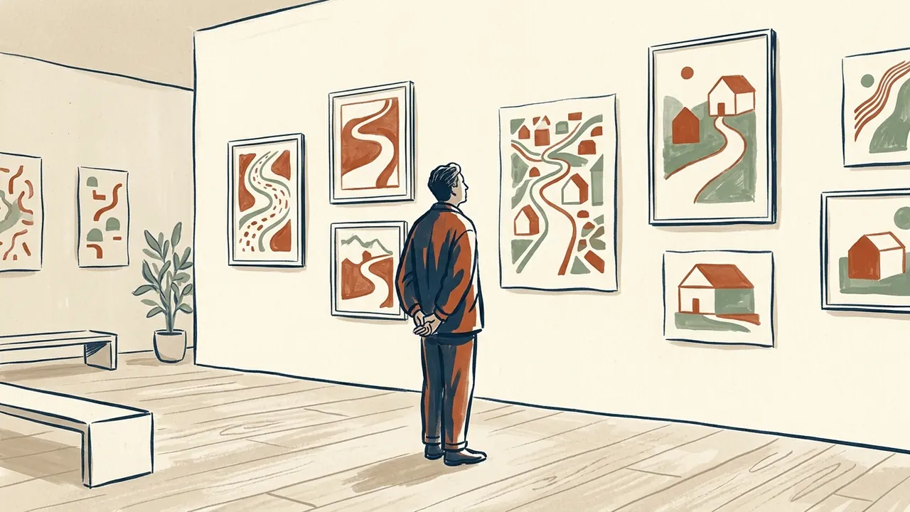 Una persona observa dibujos abstractos de caminos y hogares en una exposición ficticia.