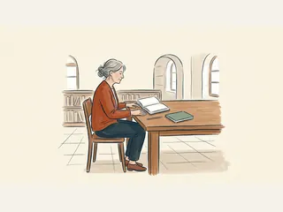 Una mujer adulta lee un libro en una biblioteca, sentada junto a un cuaderno y un lápiz.