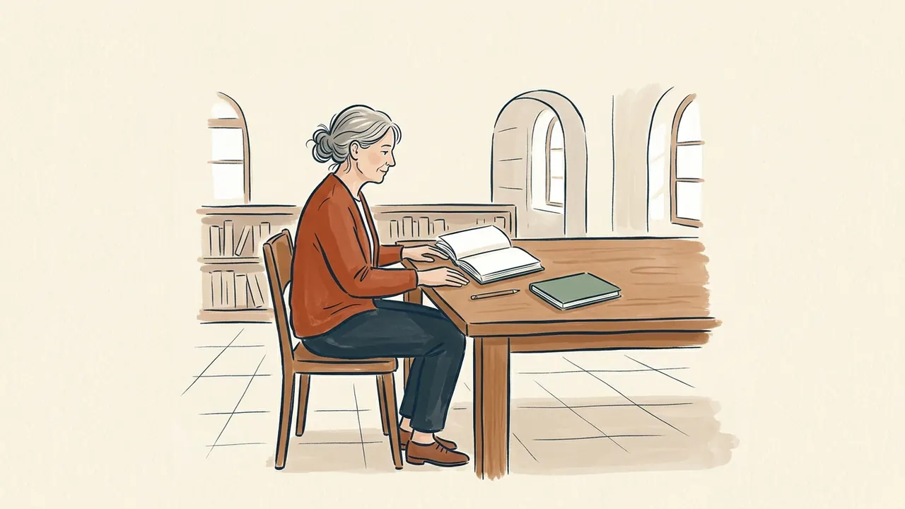 Una mujer adulta lee un libro en una biblioteca, sentada junto a un cuaderno y un lápiz.