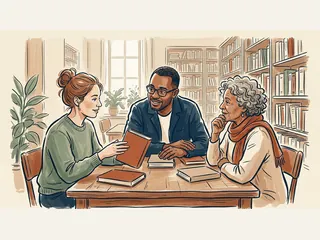 Tres personas conversan alrededor de libros en una biblioteca.