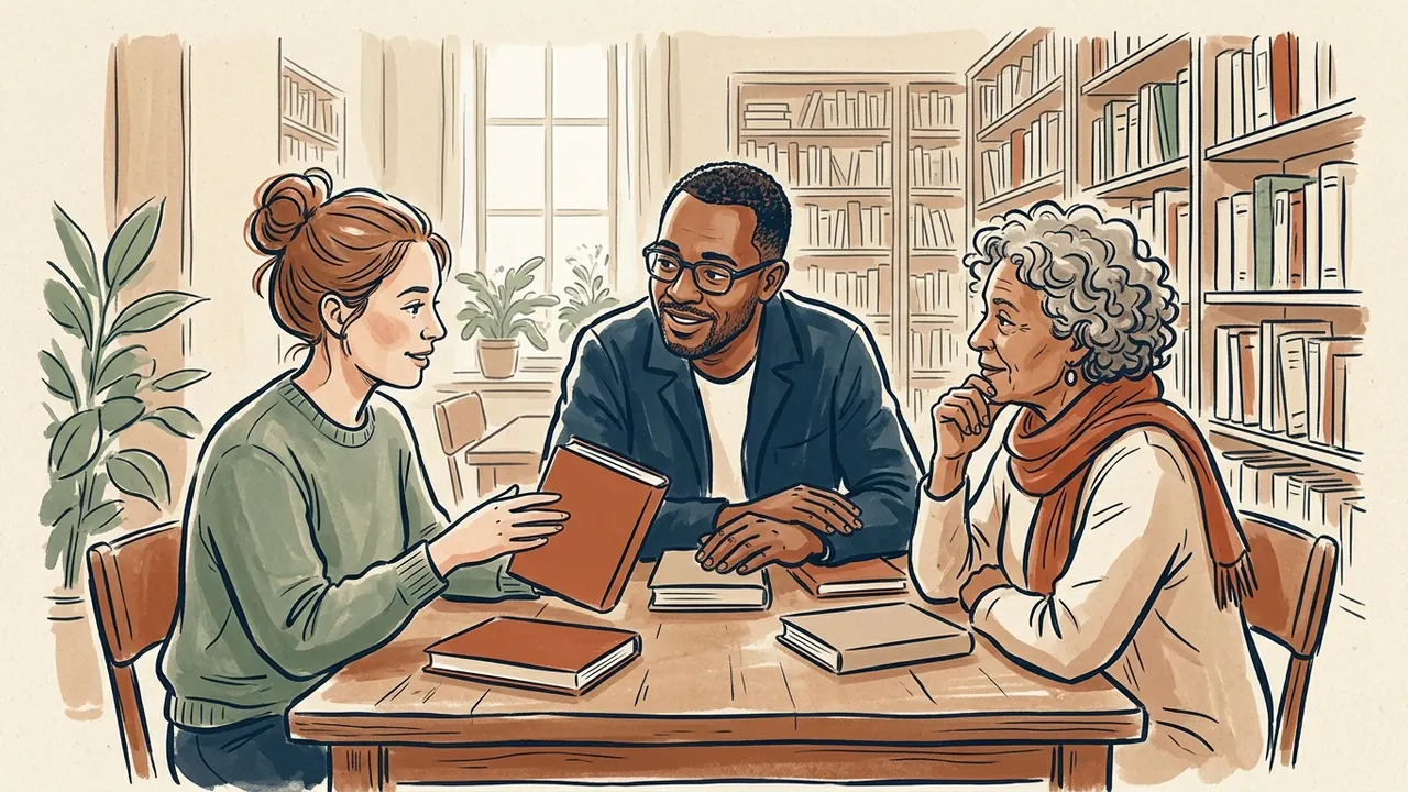 Tres personas conversan alrededor de libros en una biblioteca.