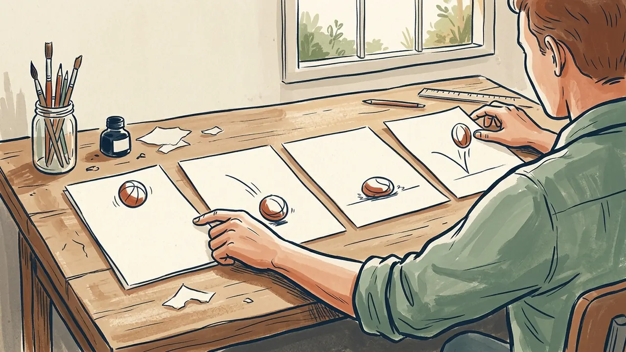 Una persona ordena cuatro dibujos de una pelota en distintas posiciones sobre una mesa de taller.