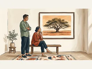 Dos adultos contemplan una lámina de un árbol en un paisaje seco.