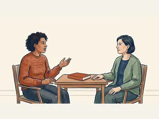 Dos personas conversan sentadas junto a una mesa con un libro cerrado.